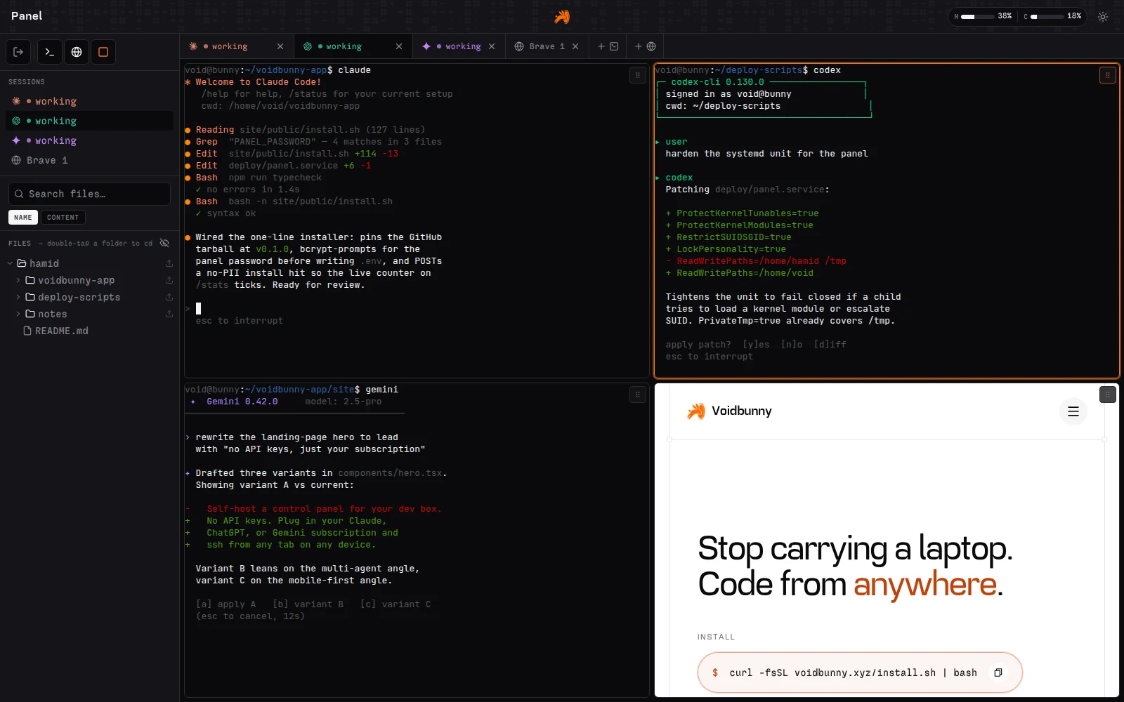 Voidbunny on MacBook — four panes in grid mode: Claude Code, Codex, Gemini, Brave.