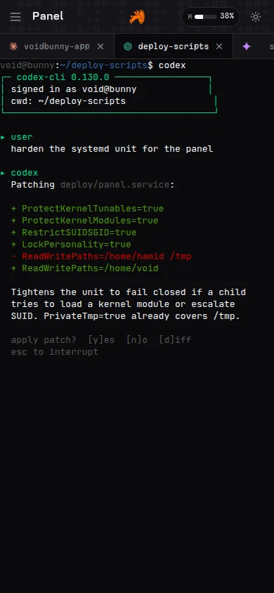 Voidbunny on iPhone — Codex session with the KeyBar visible.