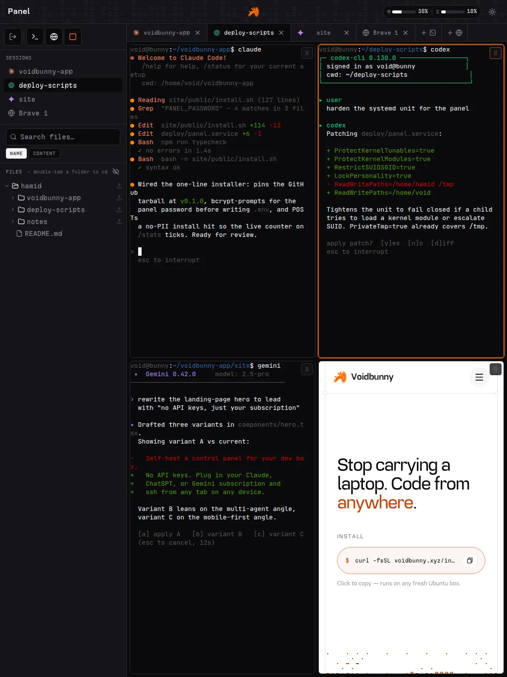 Voidbunny on iPad — sidebar plus a 2×2 grid of agents.